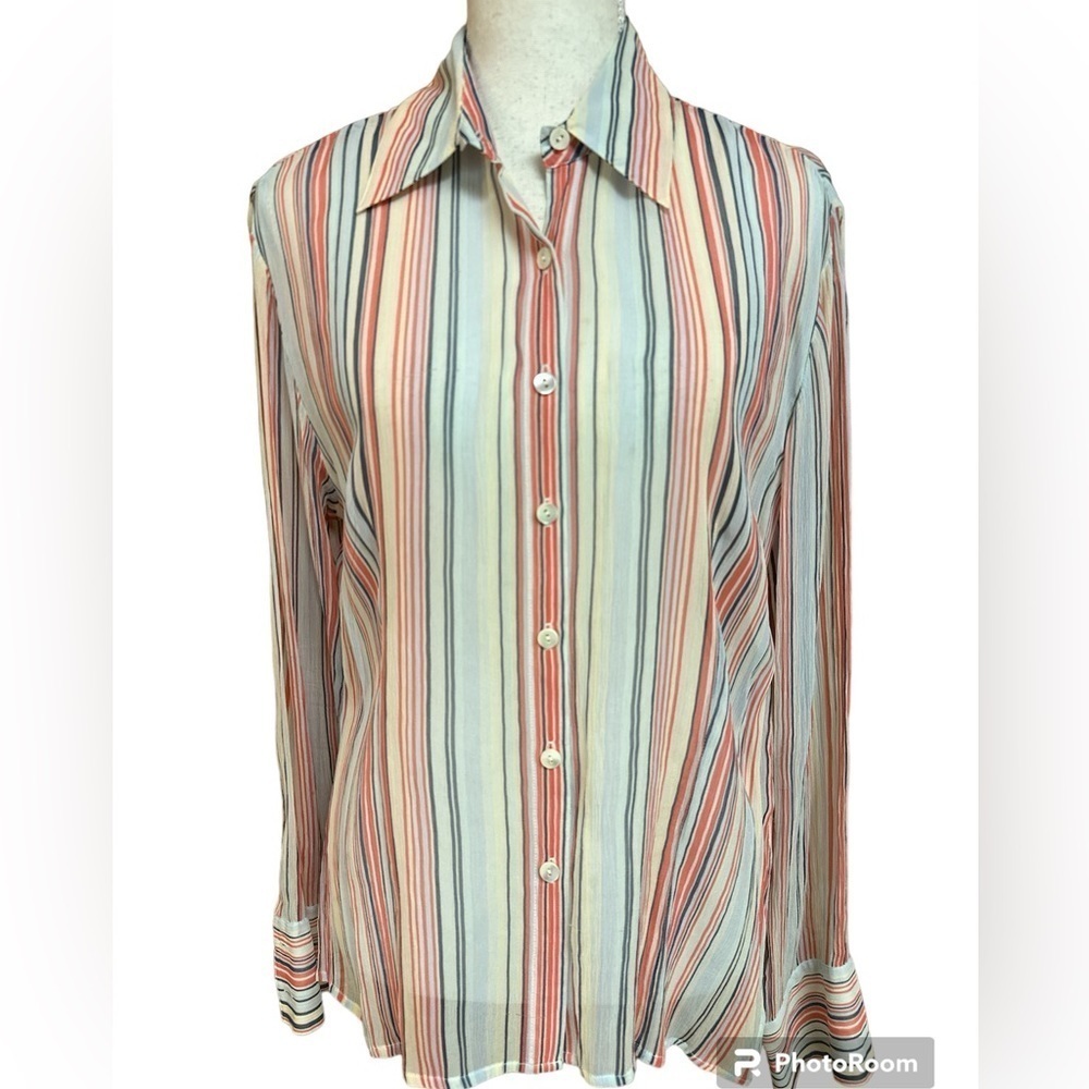 Talbots Pure Silk Striped Button-down Sheer Longsleeved Career Top Size 12